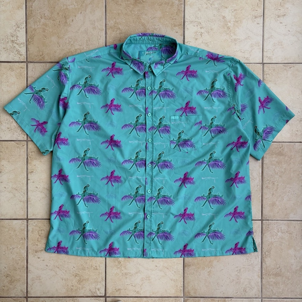 Retro Rifle Shirt Men 4XL Teal Pink Purple Saws & Macaws Button Up Hawaiian Neon